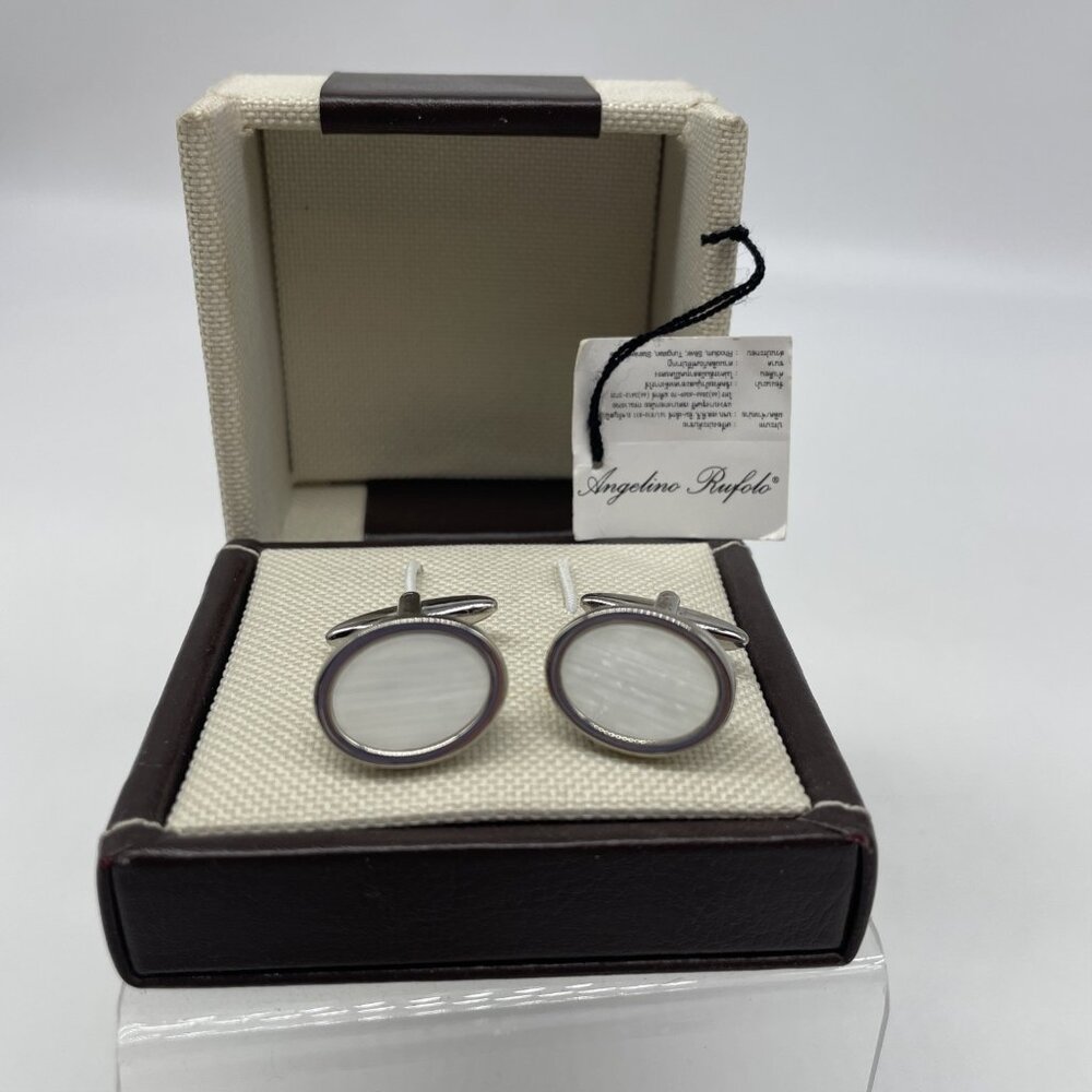 Vintage Angelino Rufolo Cufflinks Oval Silver Tone MOP White Rhodium Signed